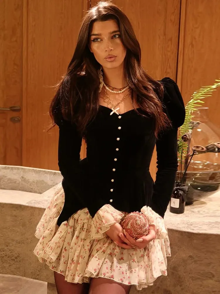 Club Floral Print Patchwork Women's Dress Sexy Long Flare Sleeve V-neck Female Mini Dresses 2026 Spring Summer Pearl Lady Robe — image 2