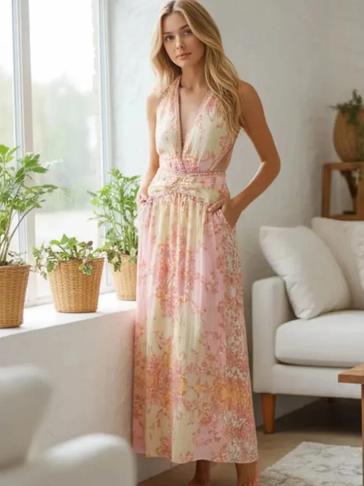 Floral Print Halter Dress Women Chic V-neck Sleeveless Backless Waist-cinching Maxi Dresses 2026 New Summer Lady Vacation Robes — image 3