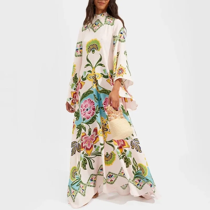 Étnico retro primavera impressão boho vestido longo feminino sexy gola rendas vestido de festa outono manga longa solto senhoras maxi vestidos