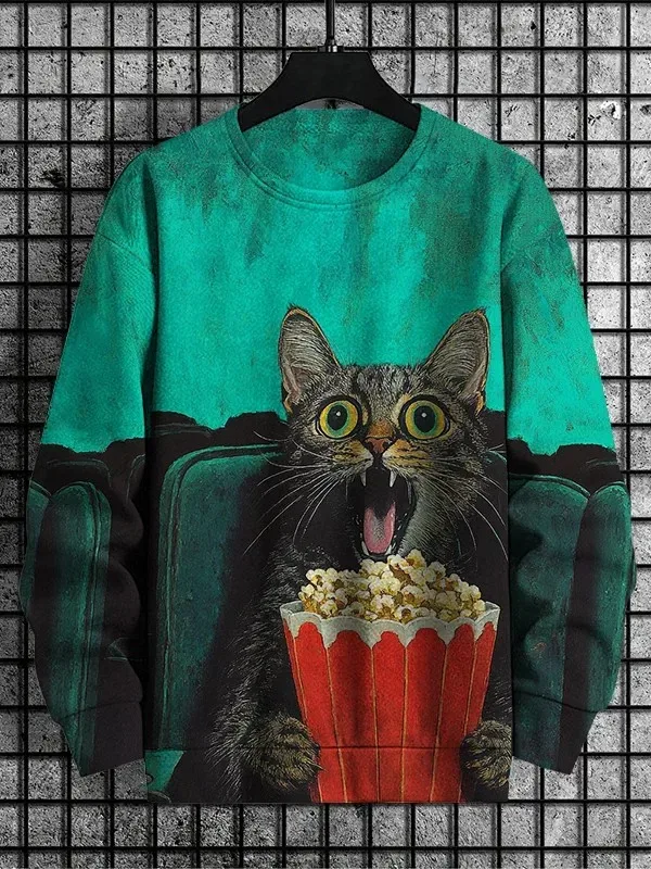 Djurkatttröjor för män Långärmad tröja O-halsmode Cool dagligen 3D-tryckta japanska konsttryck Casual sweatshirts