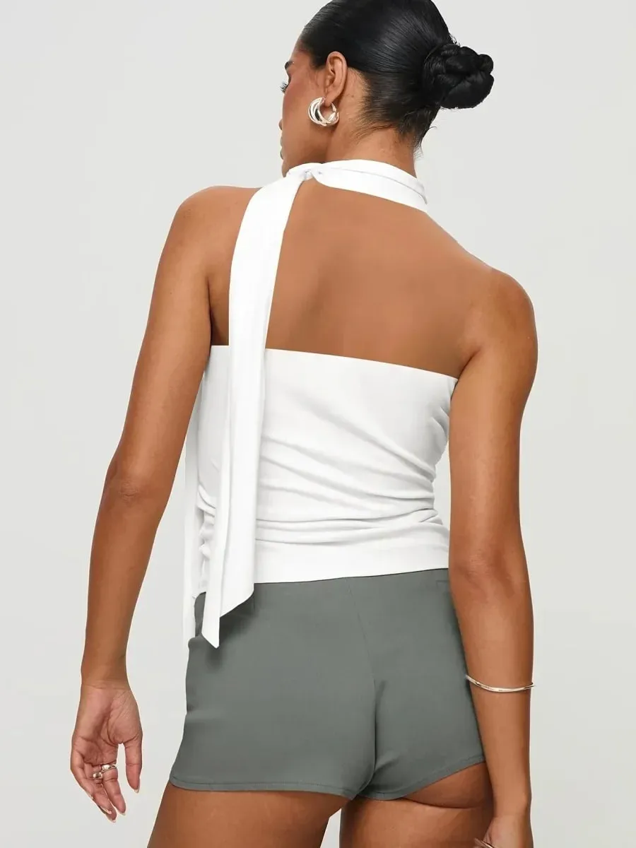 Women Solid Color Halter Neck Tie Detail Sleeveless Top Summer Casual Y2K Street Style Slim fit Crop Top — image 8