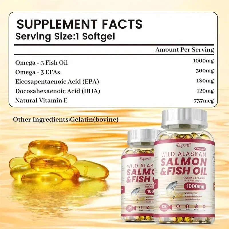 Óleo de peixe salmão - rico em EPA + DHA apoia a saúde das articulações, do cérebro e dos olhos, melhora a função imunológica e é antioxidante