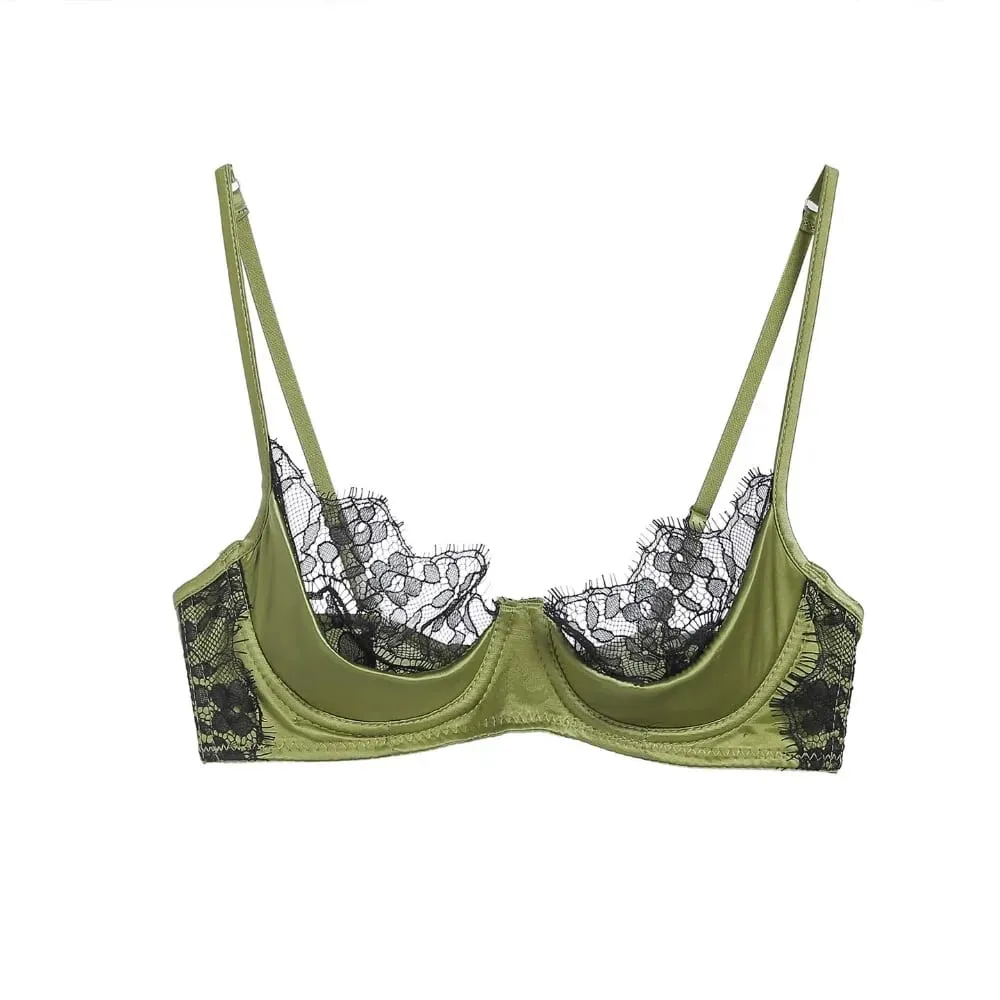 Conjunto de lencería de media copa de encaje francés para mujer, sujetador con aros, suave, transparente, ultrafino, verde, para busto pequeño 32-38AB — image 4