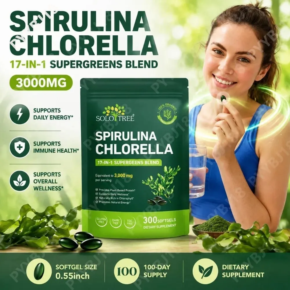 Solo Tree Spirulina Chlorella Softgels with Organic Microalgae Vitamin B6 B12 Digestive Balance & Immune Support 300 Softgels — image 2