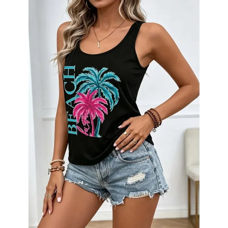 Women's Cool Summer Tops with Coconut Tree Prints Sleeveless Tops. Comfortable and Casual Beachwear for a Vacation Style. — image 3