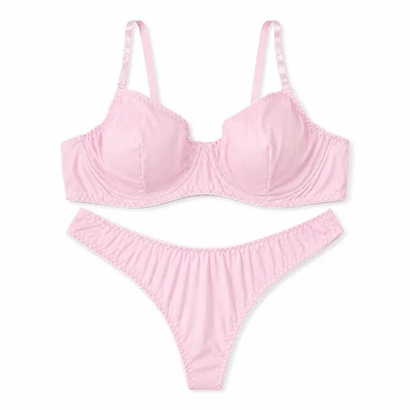 Conjunto de lingerie feminina sólida com nervuras, sutiã com copo fino, tanga de cintura baixa, macio, íntimo diário