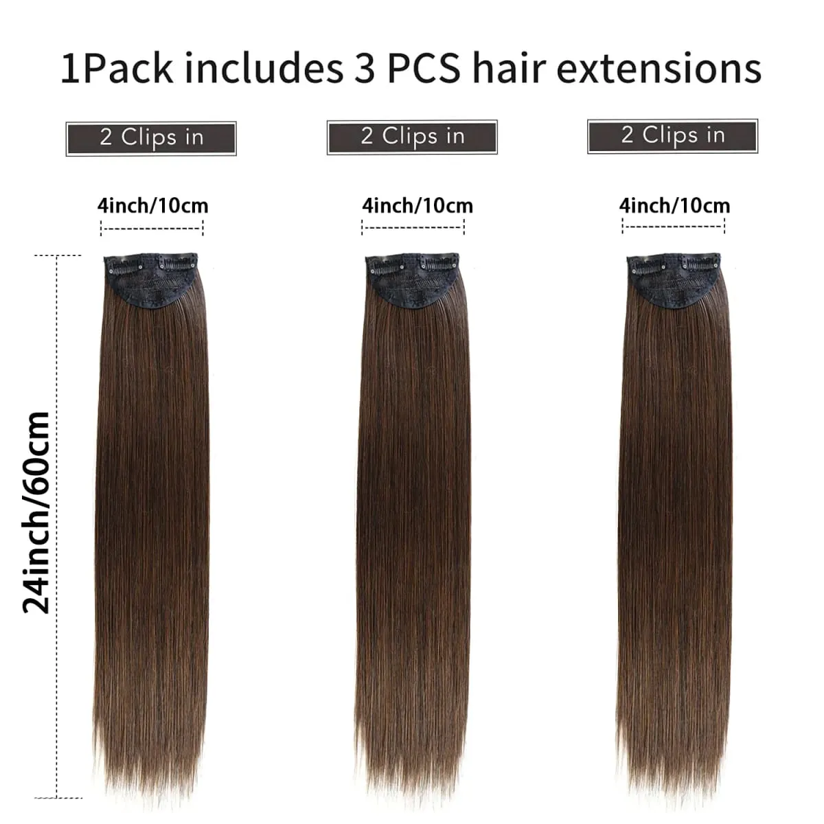 3PCS Thick Light brown Long Straight Set 24inch Synthetic Clip in Hair Extensions for Women — image 5