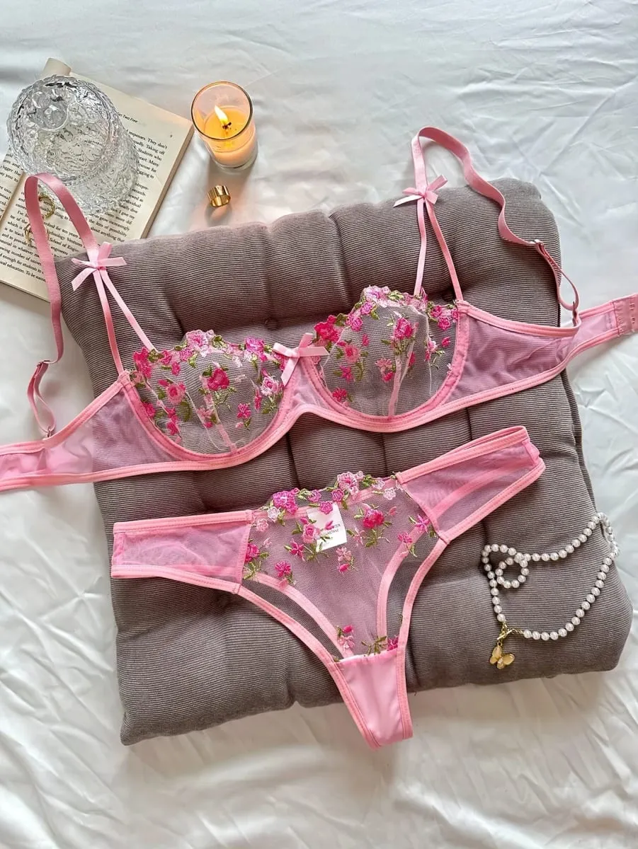 Lingerie feminina noite linda sexy feminina 2 peças floral bordado roupa interior lingerie erótica conjunto conjuntos de mujer — image 2