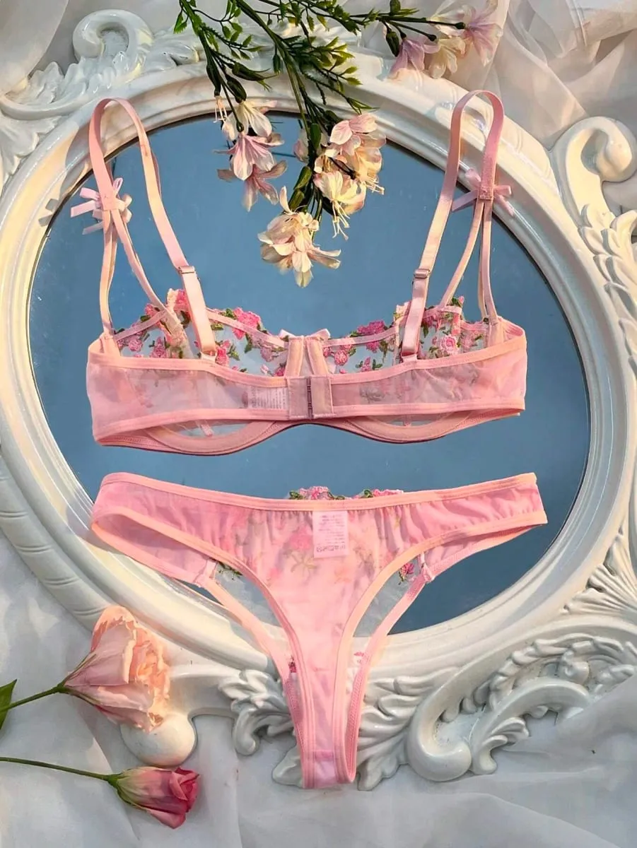 New Pink Transparent Bra Women Lingerie Set Ladies Embroidery Floral Bras Underwear Sets — image 4