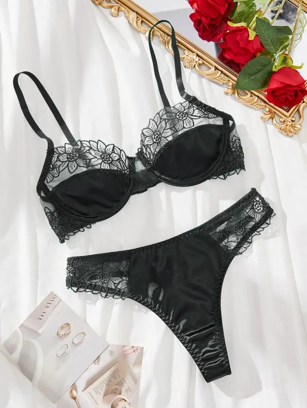 Hot-Selling 2-Piece Floral Embroidery Sexy Bra Set - Sunflower Embroidered Underwired Semi-Sheer Lingerie Set Ideal for Dates