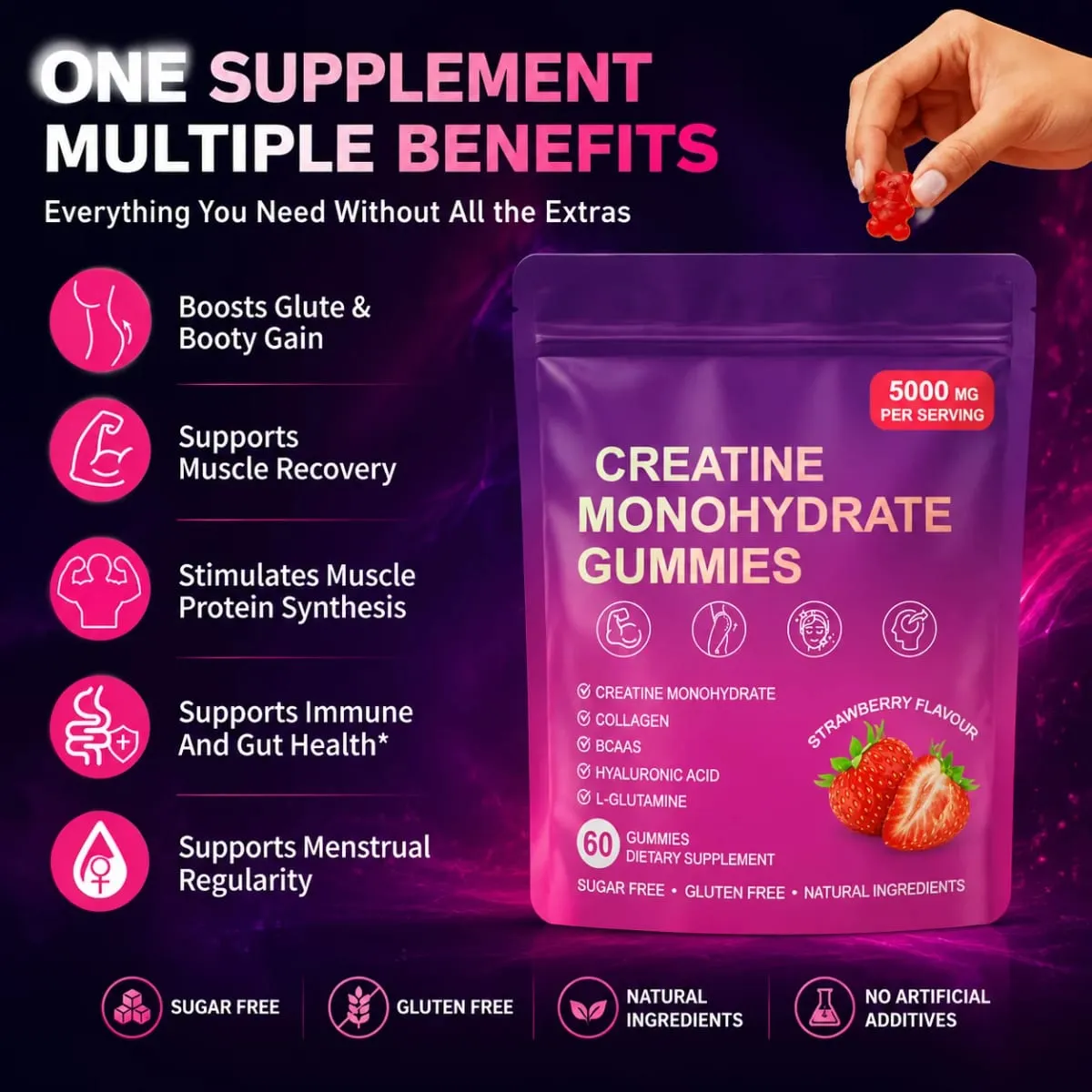 Creatine Gummies with Collagen BCAA Hyaluronic Acid Vitamin D3 Zinc Fitness Supplement for Active Adults Workout Support Sugar