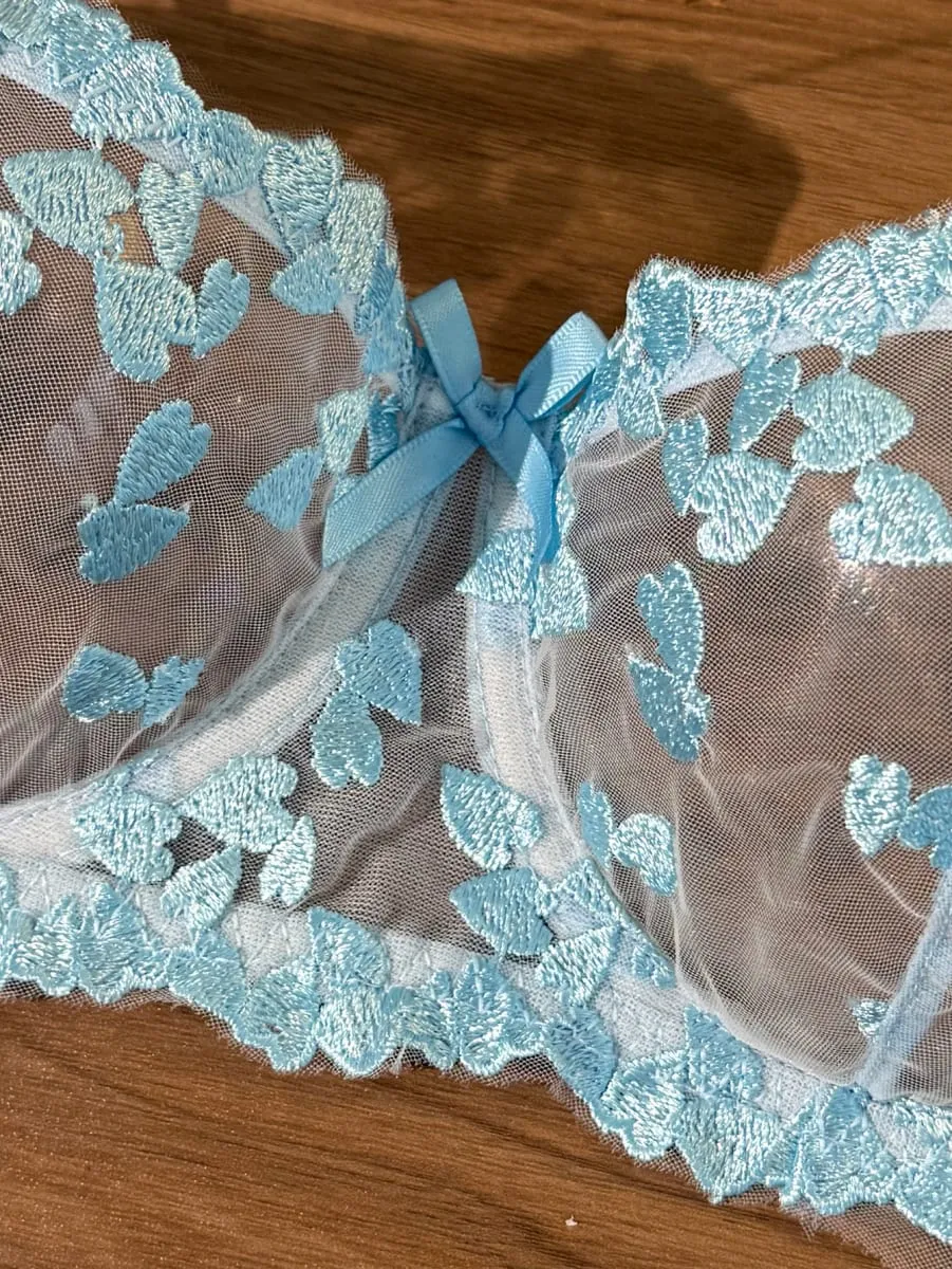 French Romantic Dreamy Light Blue Heart Embroidery Lace Underwear Set with Transparent Mesh Butterfly Knot Shoulder Strap Design — image 6