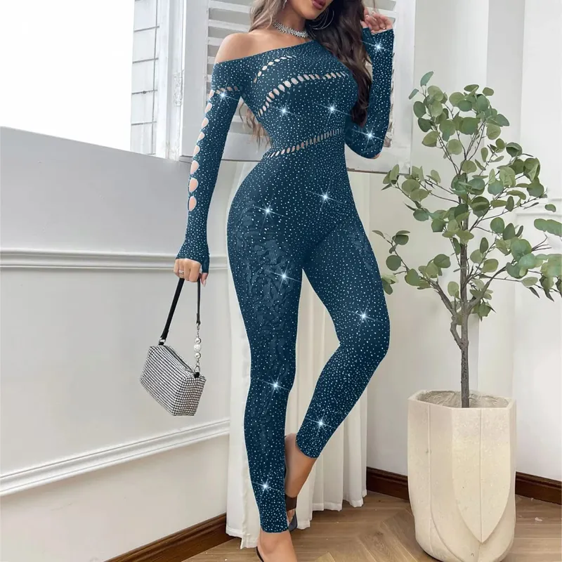 Women Sexy Mesh Rhinestone Jumpsuit Long Sleeve See Through High Stretch Body Stockings Jumpsuit Club Plus Size Stock Lingerie