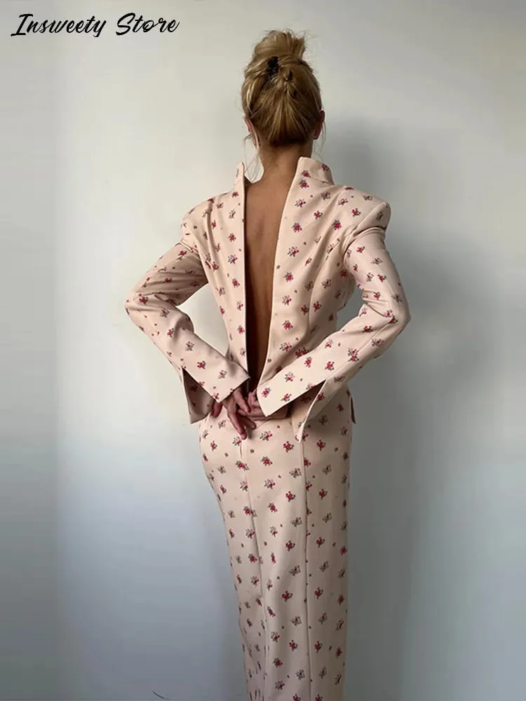 Elegant Printed Split Maxi Dresses Women's Slim With Shoulder Pad Single Breasted Full Sleeves Dress 2026 Summer New Lady Robes — image 4