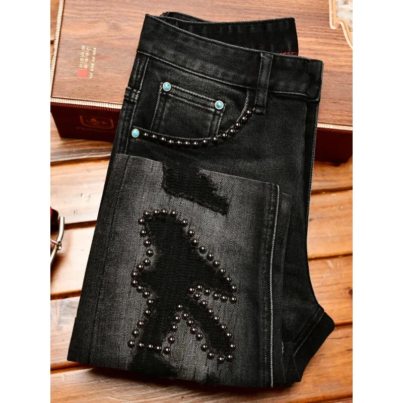 Metal Decor Design Black Jeans Men Trendy Ripped Fashion Retro Nostalgic Street Slim Fit Skinny Pants — image 2