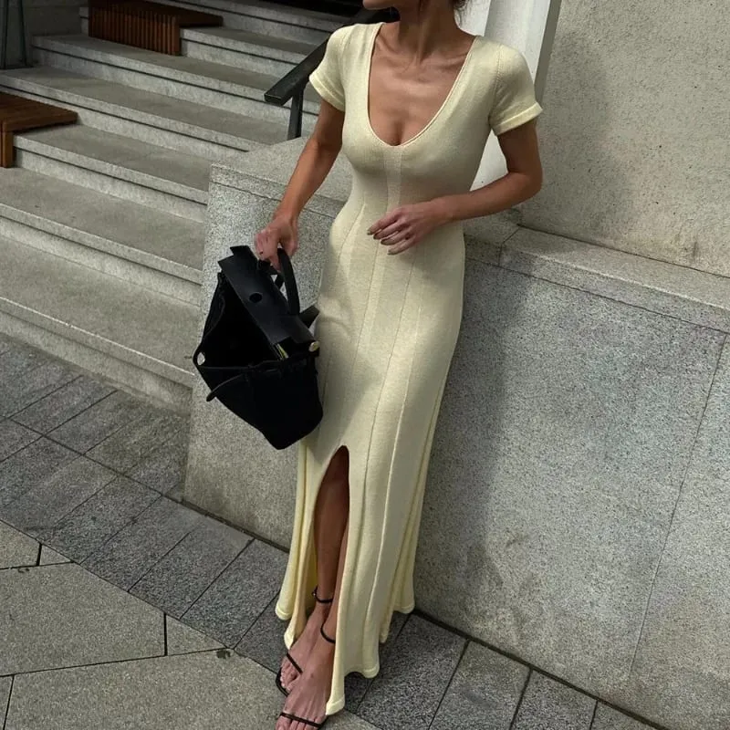 Tsiisd vestido maxi de malha canelada para mulheres, decote em v profundo, slim, fenda alta, elegante, patchwork, vestido de festa feminino, malhas — image 4
