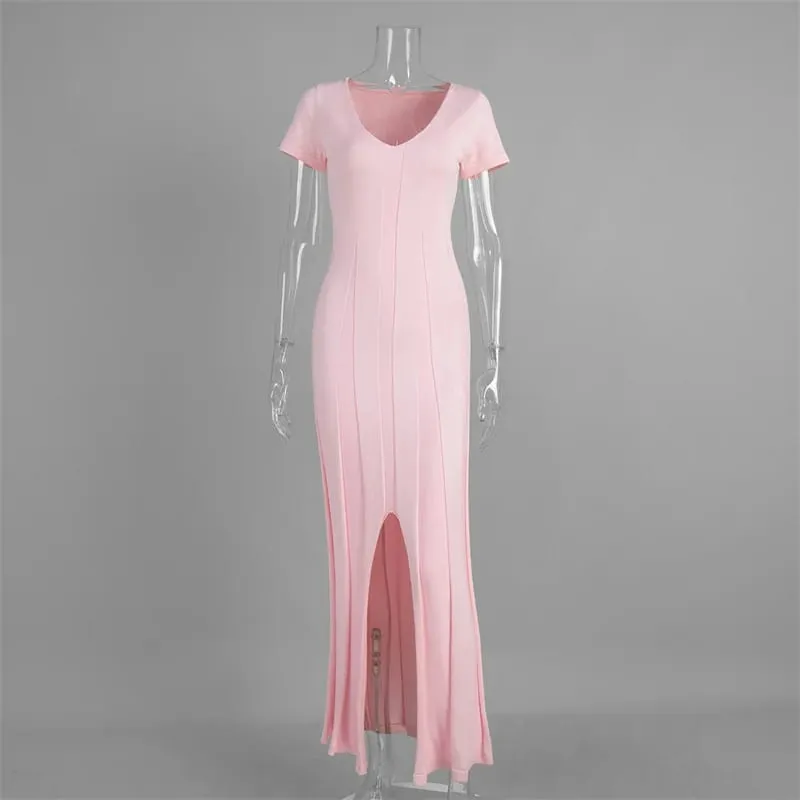 Tsiisd vestido maxi de malha canelada para mulheres, decote em v profundo, slim, fenda alta, elegante, patchwork, vestido de festa feminino, malhas — image 7