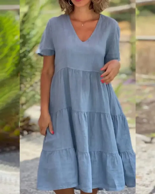 Vestidos femininos casuais de linho de algodão 2025 primavera/verão doce manga curta sólida decote em v grande balanço vestido solto S-5XL — image 2