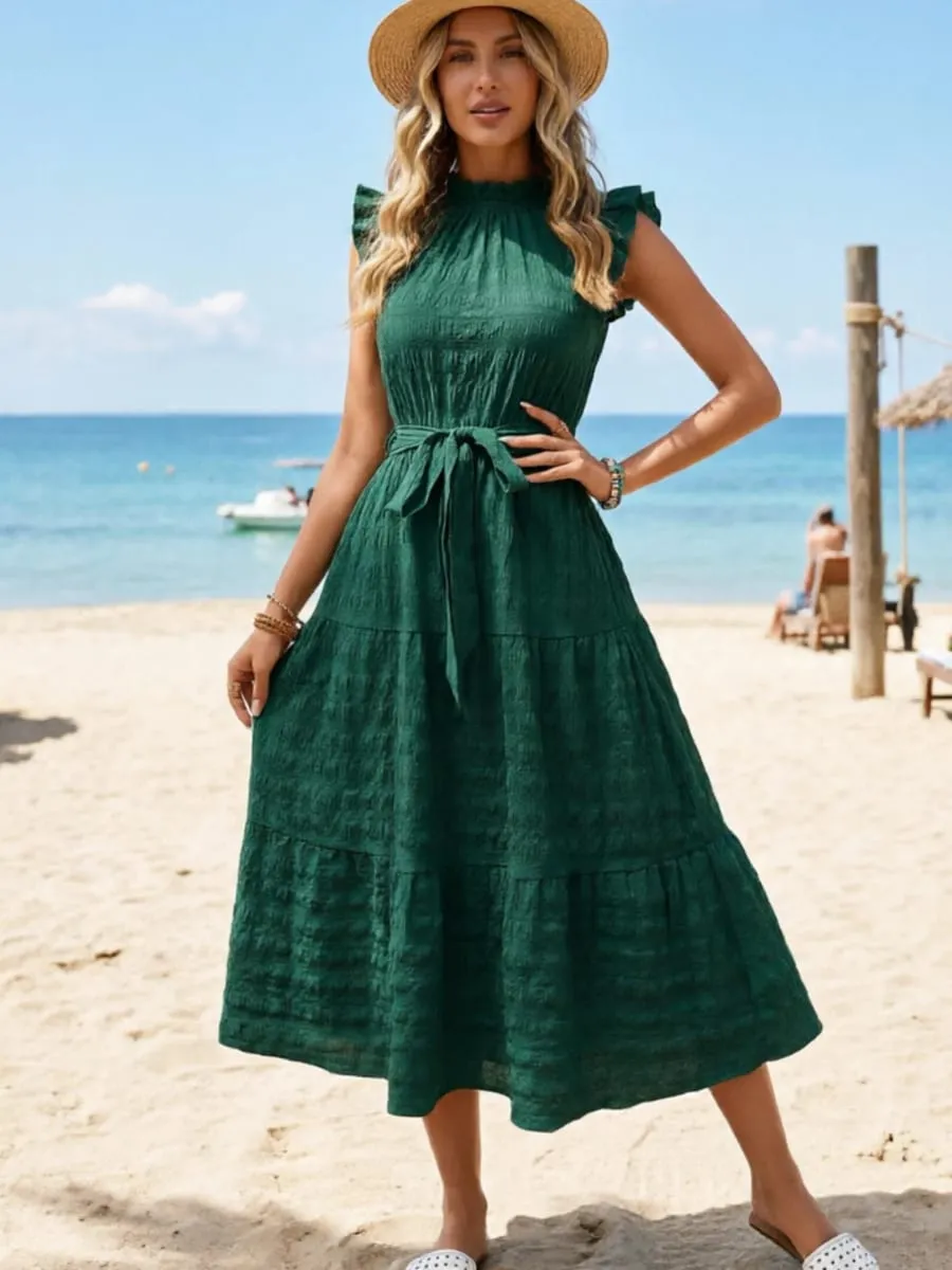 2026 Summer Fashion Flutter Sleeve Women Stand Collar Ruffles Solid Color Elegant Loose Long Dress Lace-up Texture Party Dresses — image 1