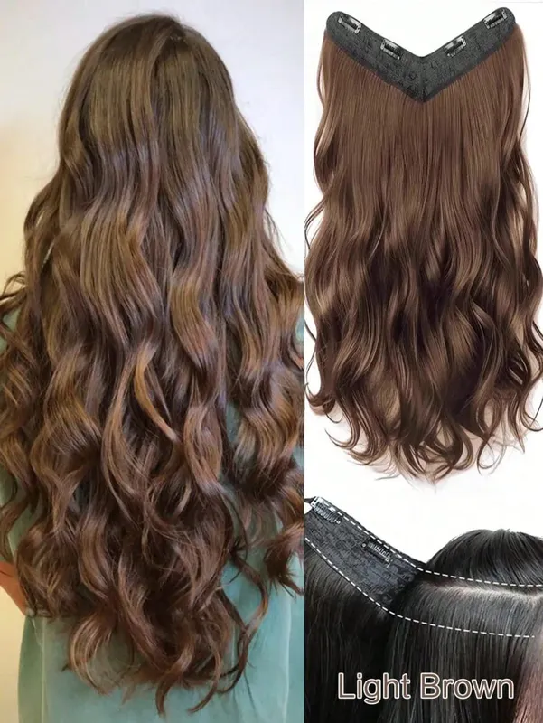 Synthetic Long Curly Wavy Clip in Hair Extension V-shaped Heat Resistant Black Hairpiece for Women