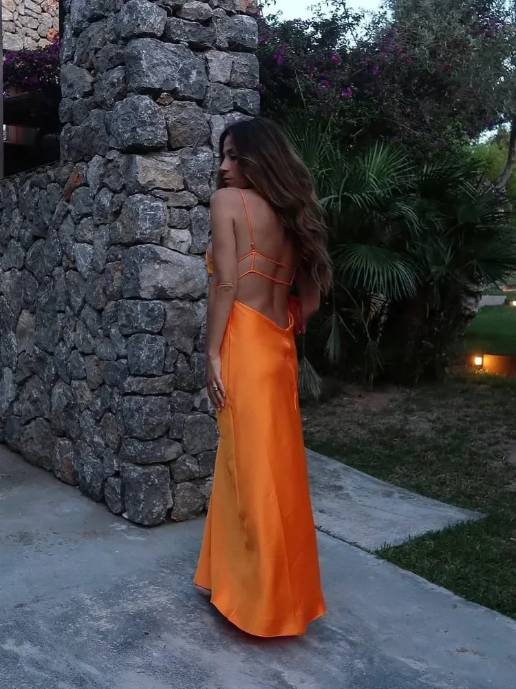 Women Orange Satin Sling Long Dress Fashion Solid Backless Sleeveless V-neck Pleated Gowns 2026 Lady Evening Party Robes Summer — image 2