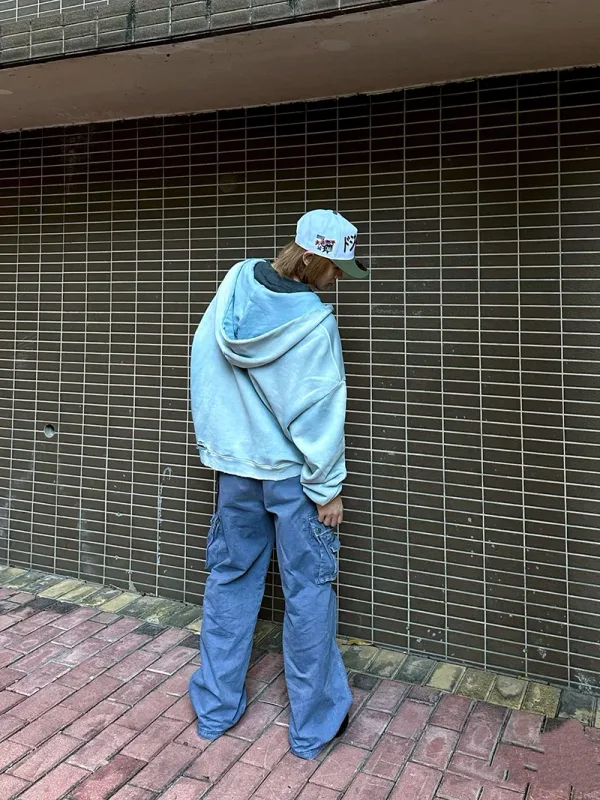 Light Blue PALY Letter Crystal Hoodie Ripped Washed Fashion Patch High Street Casual Men Women 1:1 Zipper Sweatshirts — image 23