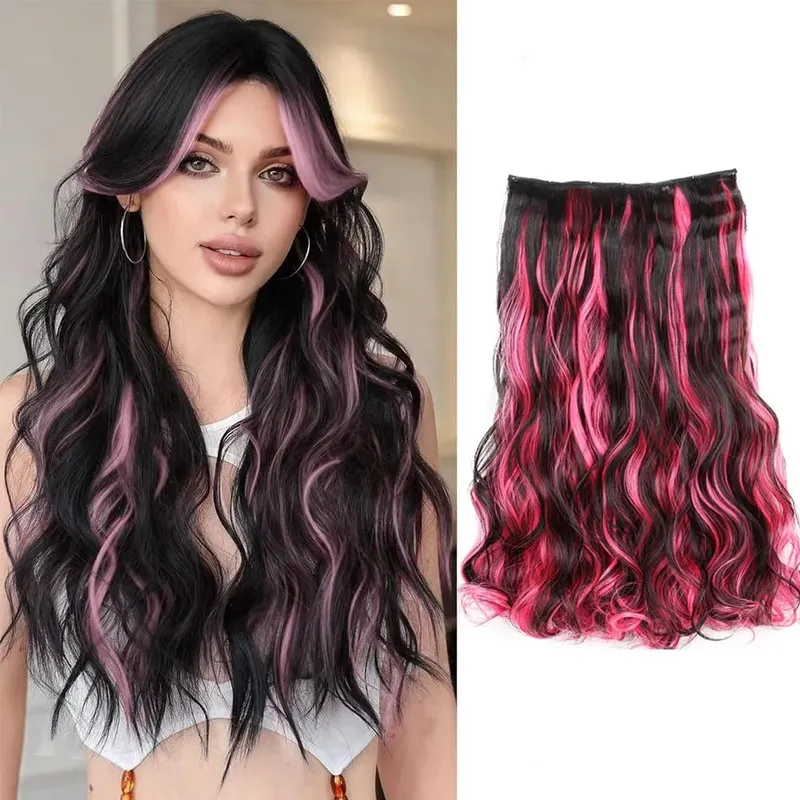Synthetic 5Clip in Hair Curly Extension 18 Inch Curly Black Mix Blue Highlights Thick Hairpieces Fiber Hair for Women — image 11