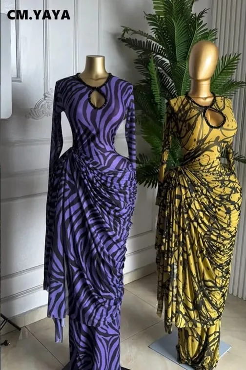 CM.YAYA band med randigt tryck för kvinnor Rynkad långärmad Bodycon Maxi långklänning 2026 Sexig födelsedagsfest Utbildning Trendiga klänningar — image 6