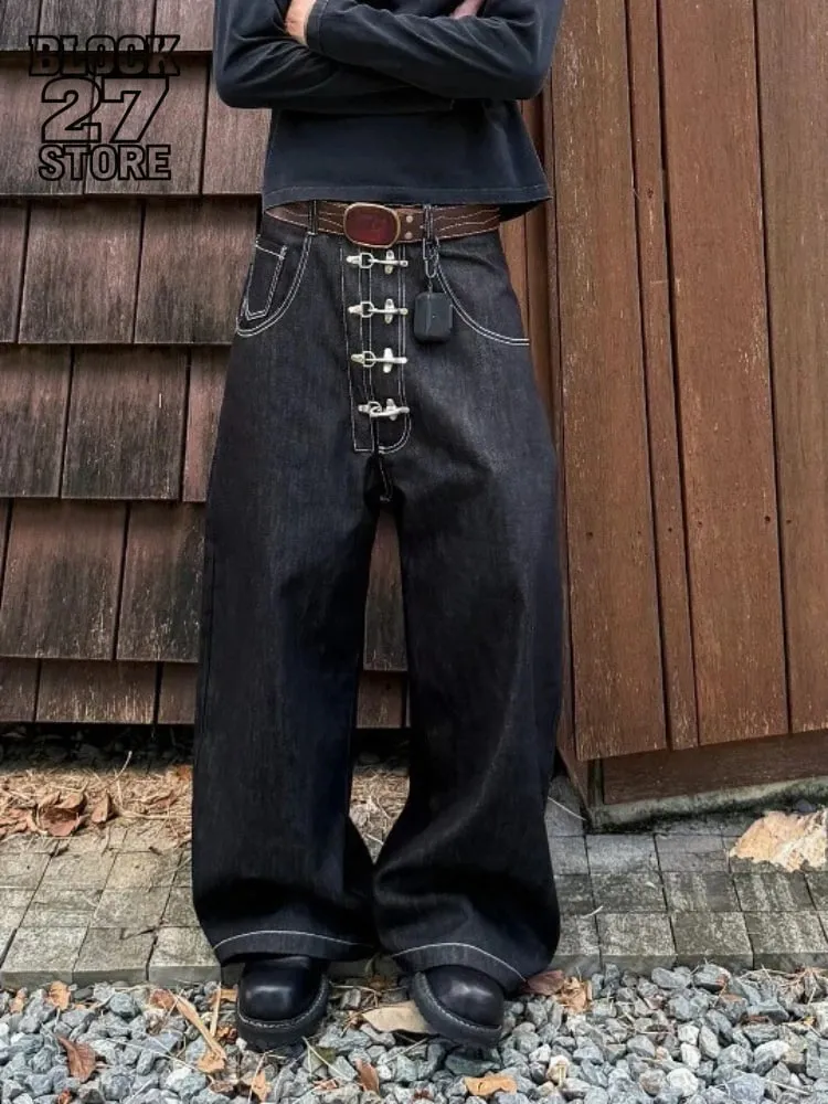 Mens Jeans Harajuku American Vintage Streetwear Buckle Design Curved Denim Pants Loose Fit Wide Leg Silhouette Unisex Fashion — image 2