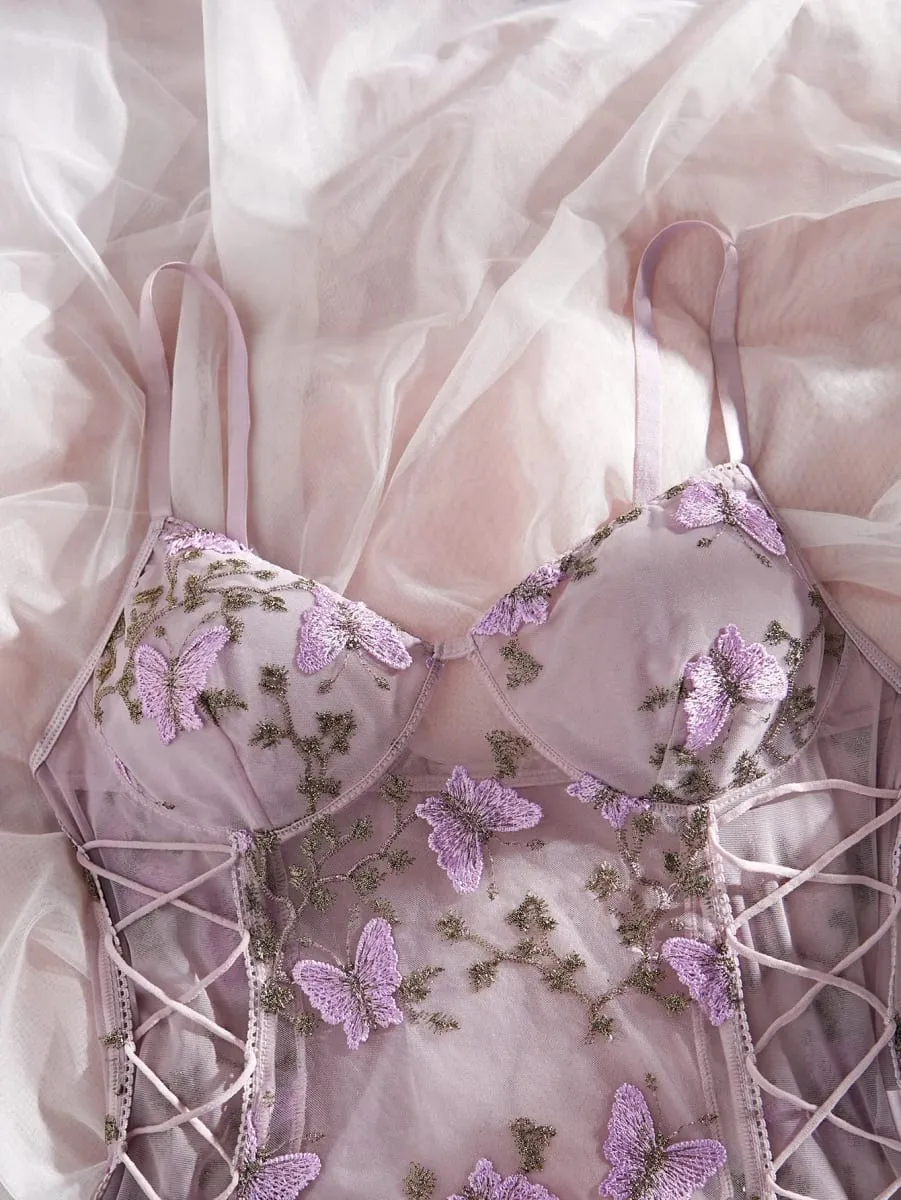 Hot Butterfly Embroidery Mesh Teddy Lace Up V Neck Backless ThongBodysuit Women's Sexy Lingerie & Underwear