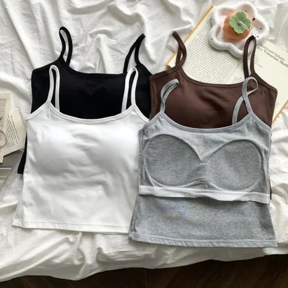 1PC Korean Women's Solid Color Spaghetti Straps Sleeveless Slim Camisole With Chest Pad — image 2