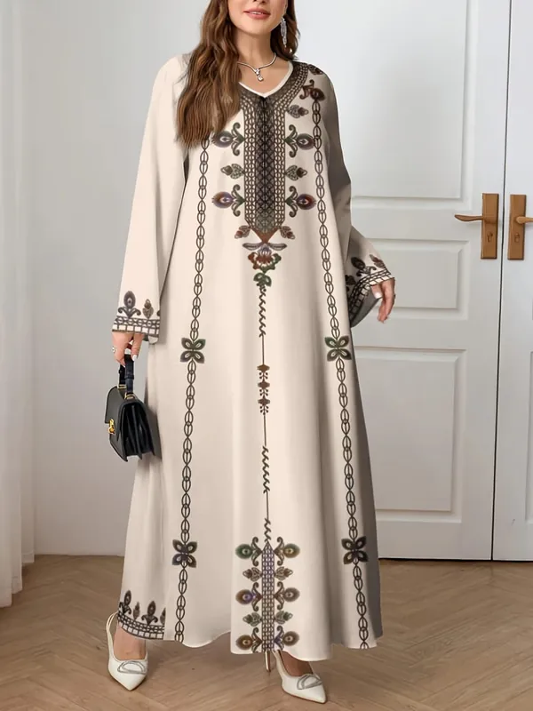 Middle Eastern Elegant Robe New Spring and Autumn Style Plus-Size Fashion Women's Clothing Ethnic Print Stylish Loose and Comfortable Holiday Style Long-Sleeve Dress