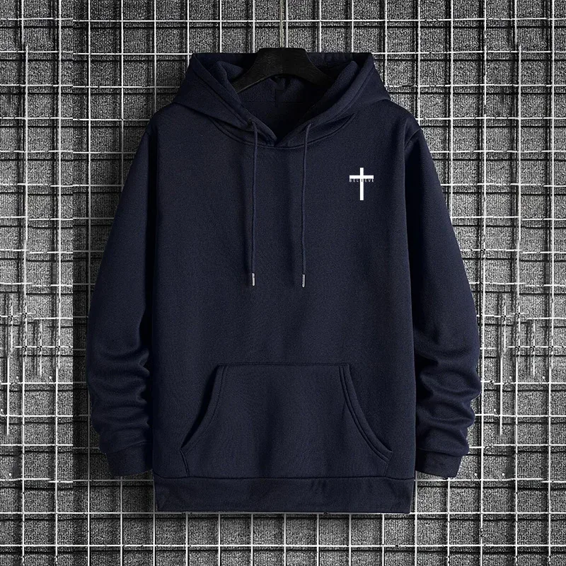 Hoodie urbano masculino 2025 de alta qualidade cor sólida manga longa moletom casual desportivo com capuz outerwear jesus cruz impressão pulôver — image 5