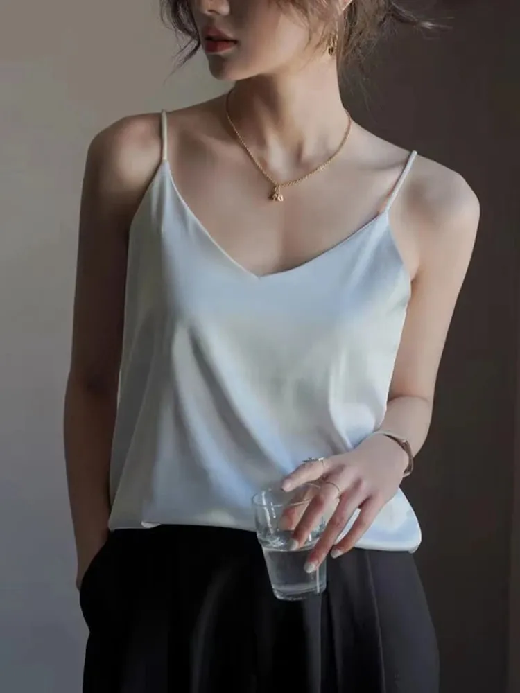 Women Halter V Neck Basic White Cami Spaghetti Strap Top Sleeveless Satin Silk 2026 Tank Tops Women'S Summer Camisole — image 3