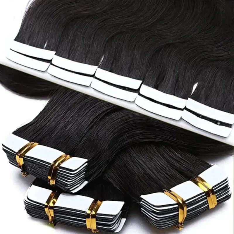 Tape In Hair Extensions Human Hair Body Wave Natural Black Real Human Hair Extensions Tape Ins 20Pcs/Pack Double Sided Tape Hair