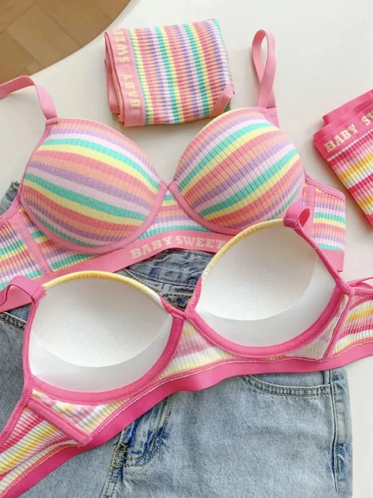 Stripe Women's Bra Set Gathered Anti-Sagging Small Chest Side Breast Reduction Underwear Cute Style Nylon — image 4