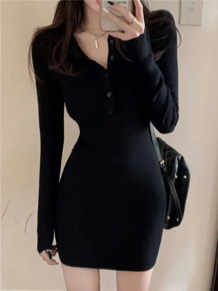 Outono inverno mini vestido feminino com decote em v botão sexy camisola elegante bodycon vestidos de manga longa robe saia curta cintura sólida — image 3