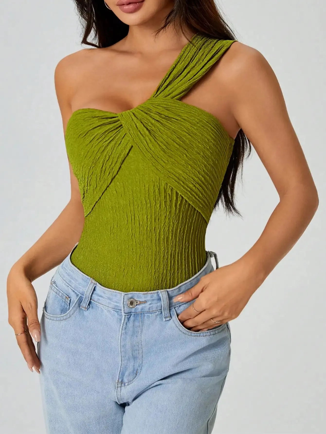 Women One Shoulder Twist Bodysuit Textured Crinkle Fabric Sleeveless Slim Fit Party Club Jumpsuit Top Green — image 4