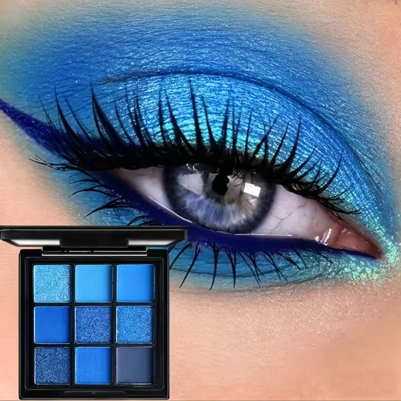 3Pcs Blue Eye Makeup Set 9 Color Matte Glitter Eyeshadow Palette+Blue Mascara+Eyeliner Pencil Waterproof Long Lasting for Party