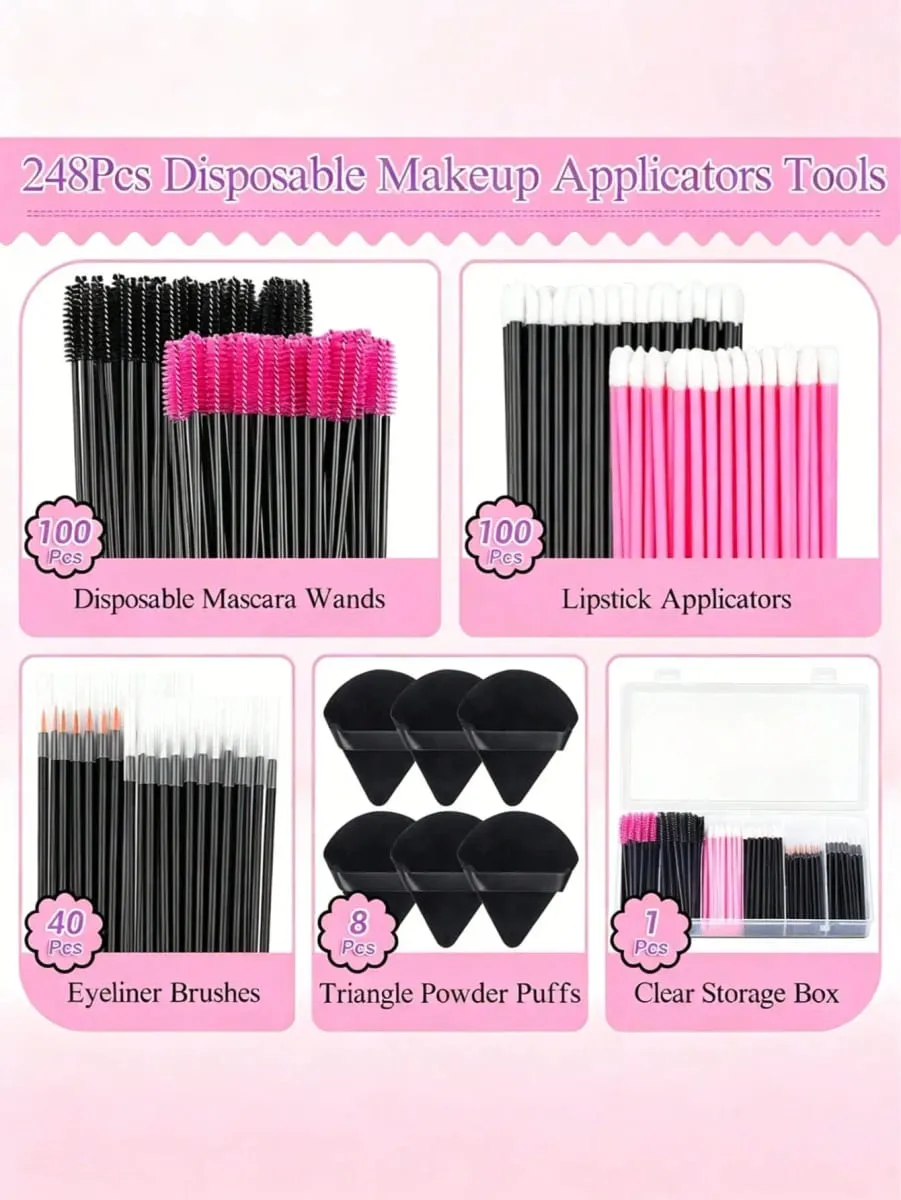 248Pcs Disposable Makeup Tool Set With Storage Box Triangle Makeup Sponges Eyelash Brushes Lip Brushes Eyeliner Brushes — image 2