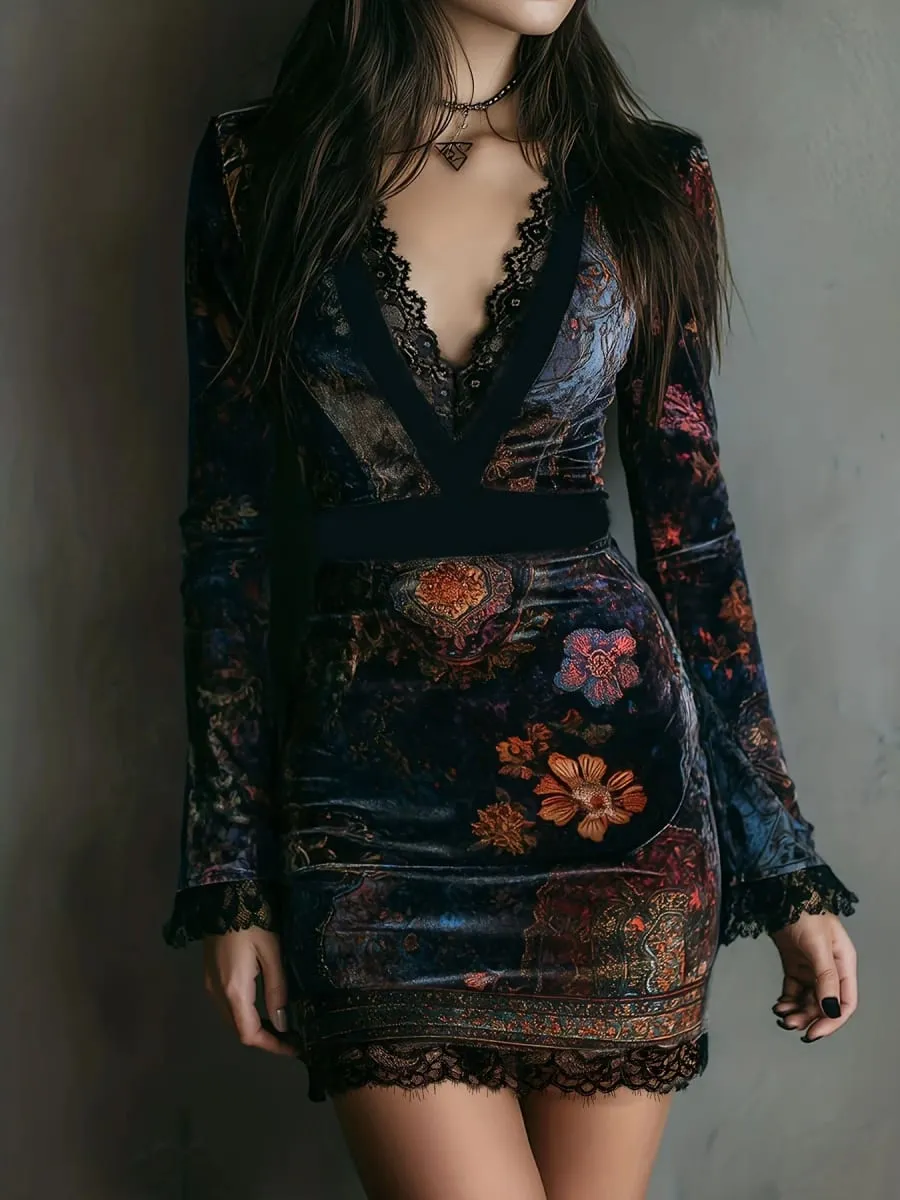Velvet Bodycon Mini Dress V‑Neck Lace Trim Long Sleeve Vintage Floral Print Slim Fit Elegant Short Party Evening Club Dres — image 1