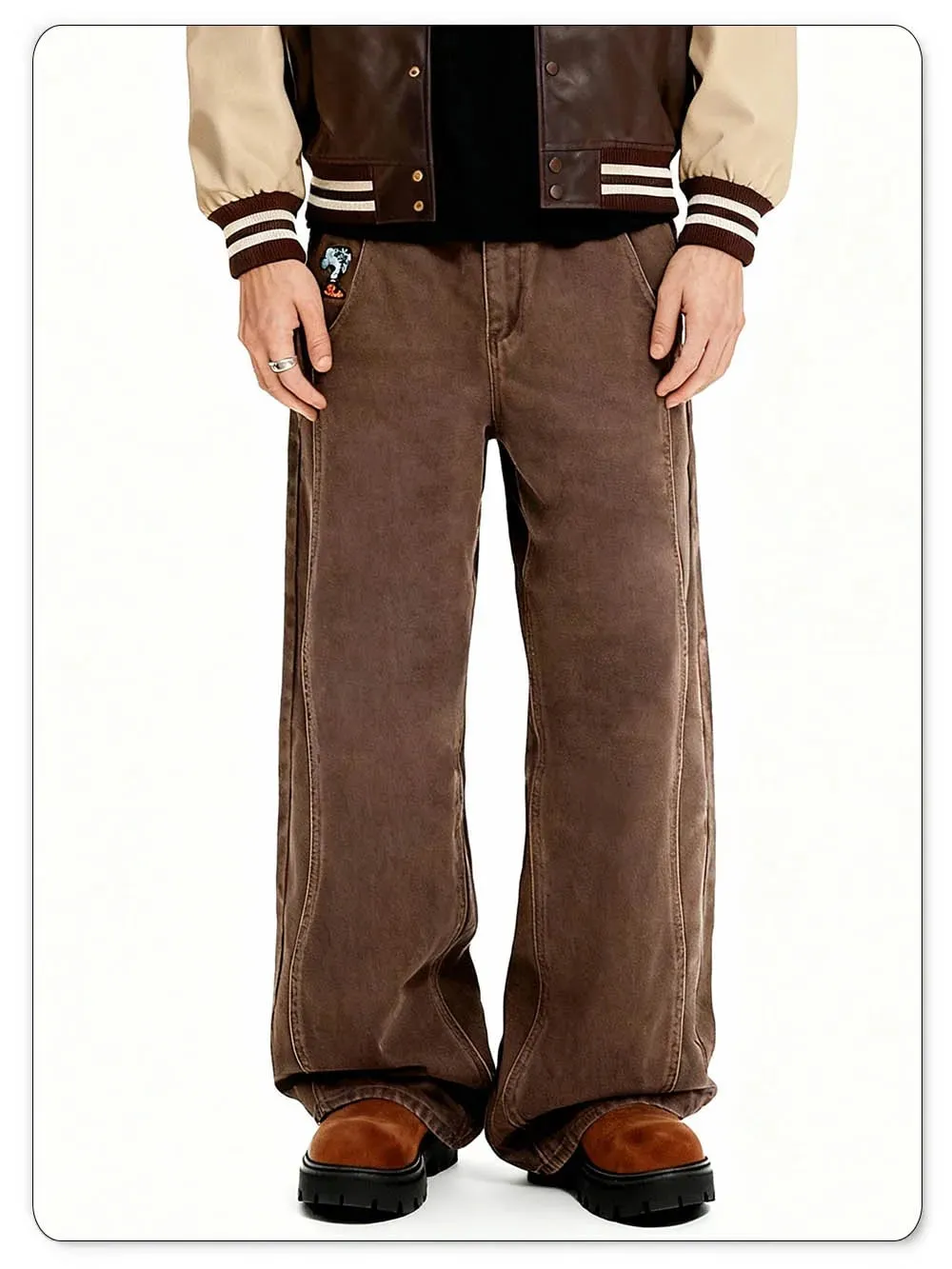 American Retro Men's Brown Casual Baggy Wide Leg Jeans Korean Cartoon Elephant Embroidery Loose Wide Leg Denim Pants Unisex — image 3