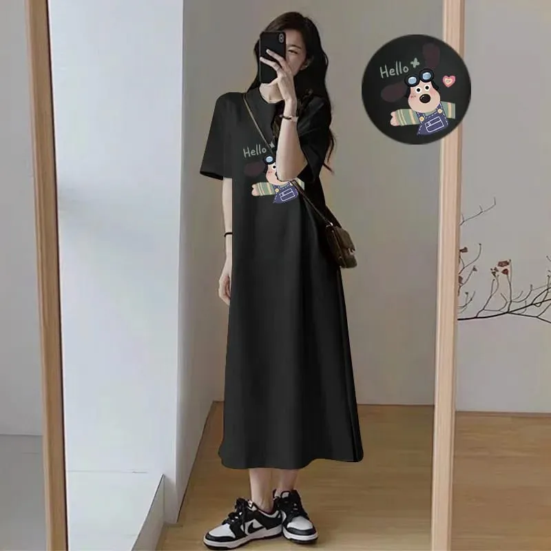 Cute Cartoon Dog Print T-Shirt Dress Women Loose Short Sleeve Split Casual Midi Dress — image 2