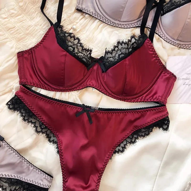 Sexy renda fina copo lingerie para mulher francês push up sutiã conjunto de tecido de seda de alta qualidade conforto respirável roupa interior conjunto — image 7