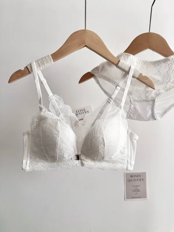 Women Small Bust Lace Bra Set Front Closure Wireless Beautiful Back Push‑Up Brassiere Soft Daily Lingerie Underwear Size 32‑38AB — image 10