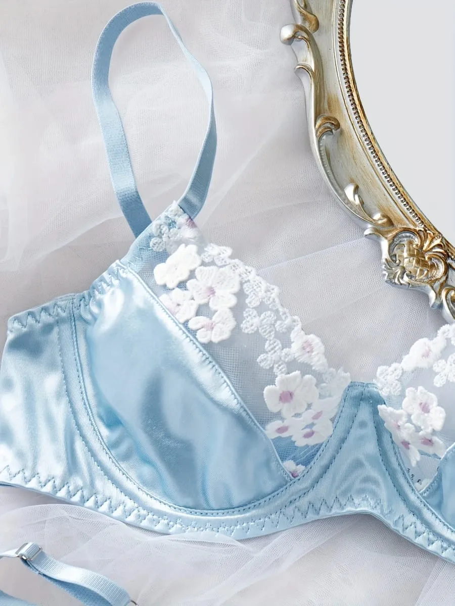 2 Piece Blue Satin Sexy Lingerie Set Women French Coquette Floral Embroidery Sheer Mesh Underwire No Padding Push Up Bra Thong — image 4