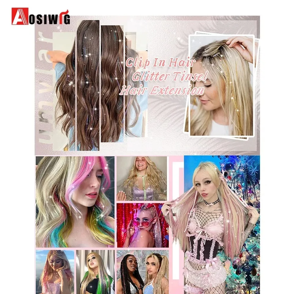 12Pcs/Pack Sparkle Blonde Hair Extensions Clip In Rainbow Shiny Sparkle Hair Tinsel Heat Resistant Sparkle Hair Extensions For W — image 7