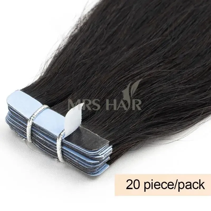 MRS HAIR Silky Straight Tape in Human Hair Extensions Remy Skin Weft Tape in Hair Extension 14 16 18 inch 20pcs/pack 1B Natural Black Tape On Hair