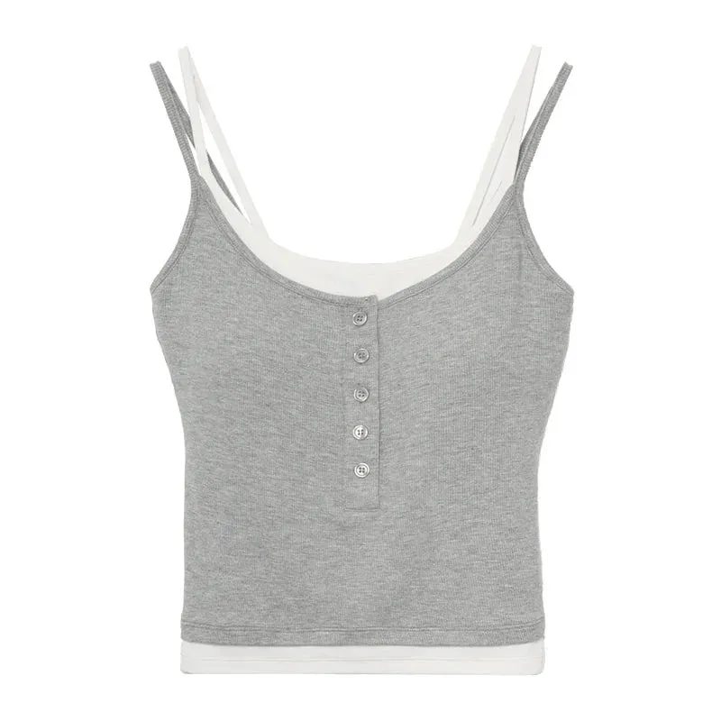Spicy Girl Fake Two-piece Color Blocking Tank Top with Chest Pad Summer Spaghetti Strap Square Neck Button Casual Slim Fit Camis