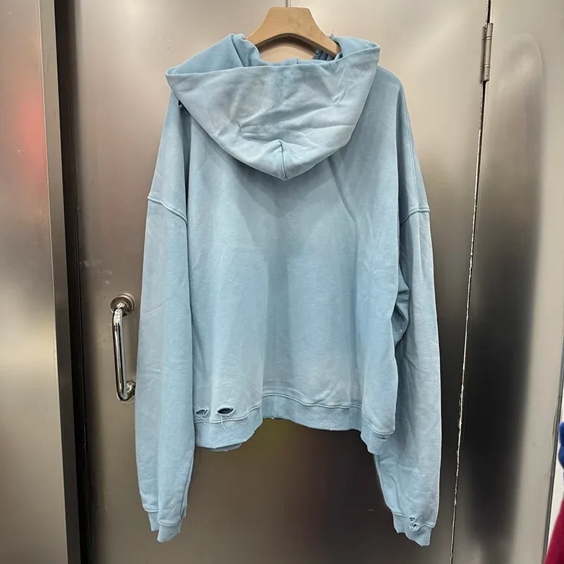 Light Blue PALY Letter Crystal Hoodie Ripped Washed Fashion Patch High Street Casual Men Women 1:1 Zipper Sweatshirts — image 12